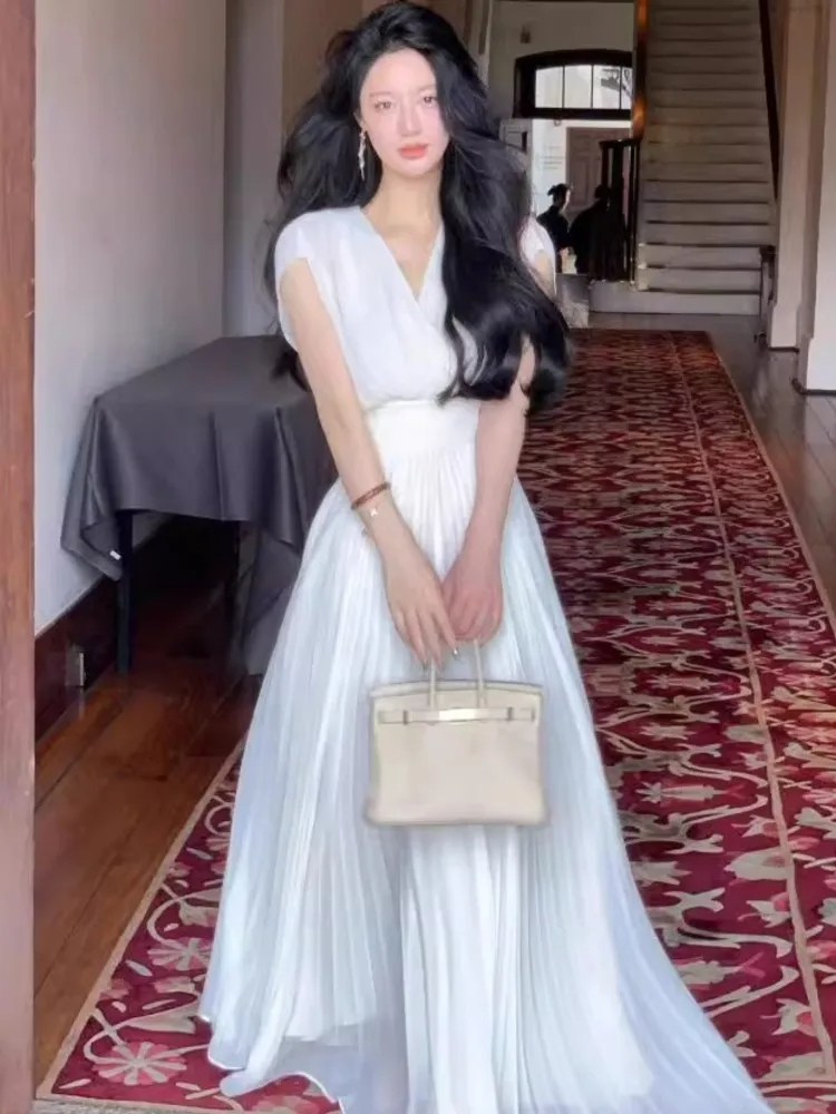 فستان صيفي طويل بطيات فرنسي كلاسيكي