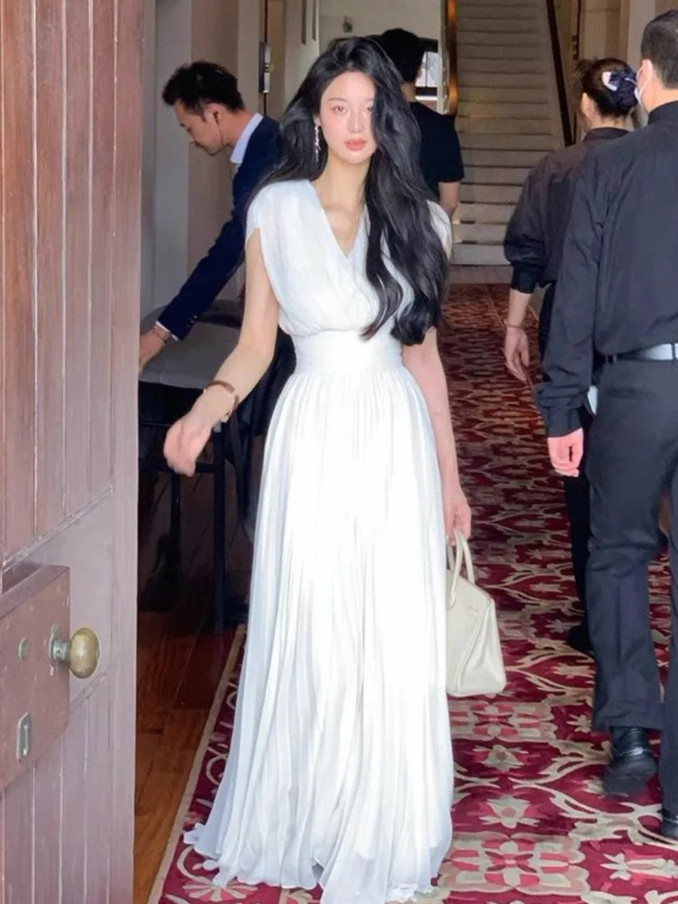 فستان صيفي طويل بطيات فرنسي كلاسيكي