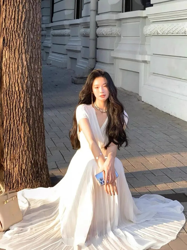 فستان صيفي طويل بطيات فرنسي كلاسيكي